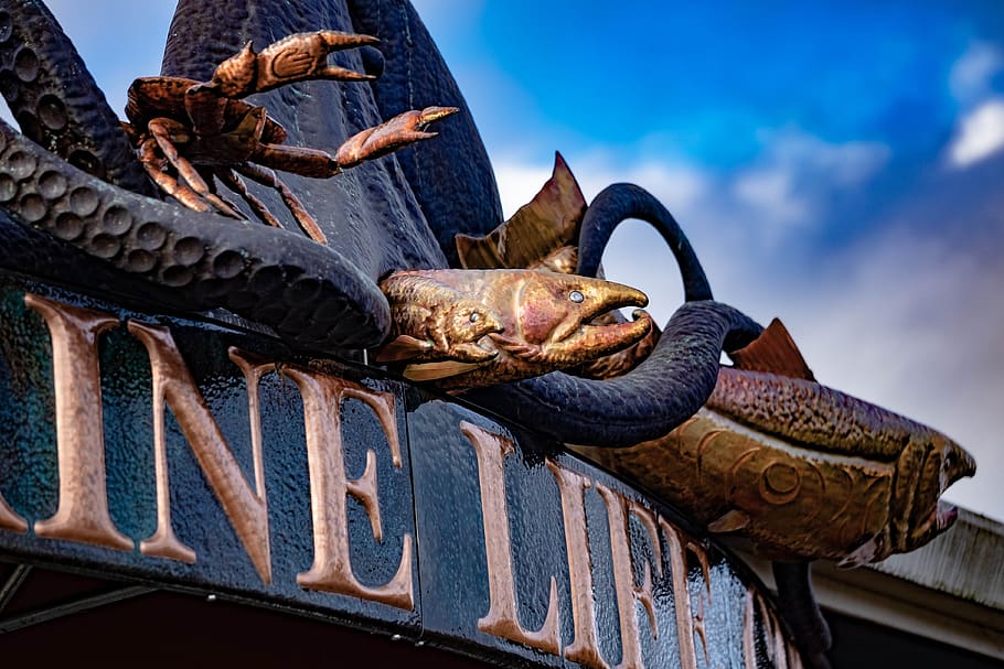 marine, salmon, copper, fish, aquatic, crab, sculpture, metalwork HD wallpaper