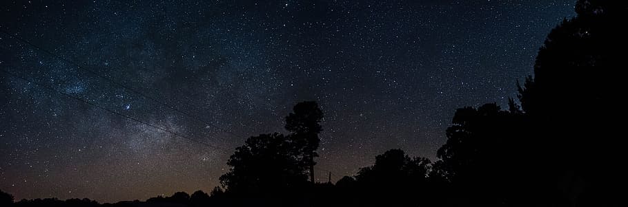 starry night, sky, silhouette, panoramic, panorama, starry sky, HD wallpaper