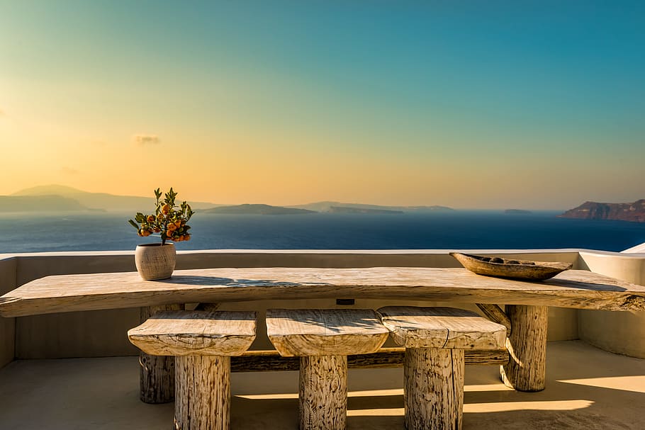 rectangular wood slab table set, rooftop, seating, wooden, stool HD wallpaper