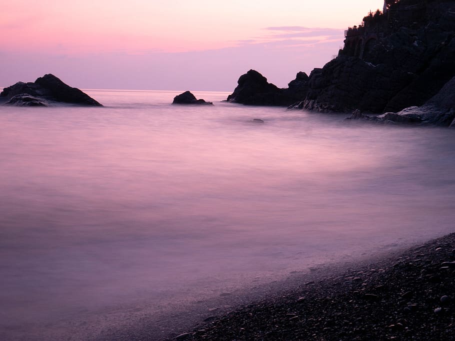 sea, long exposure, costa, sunset, sky, landscape, rocks, color HD wallpaper