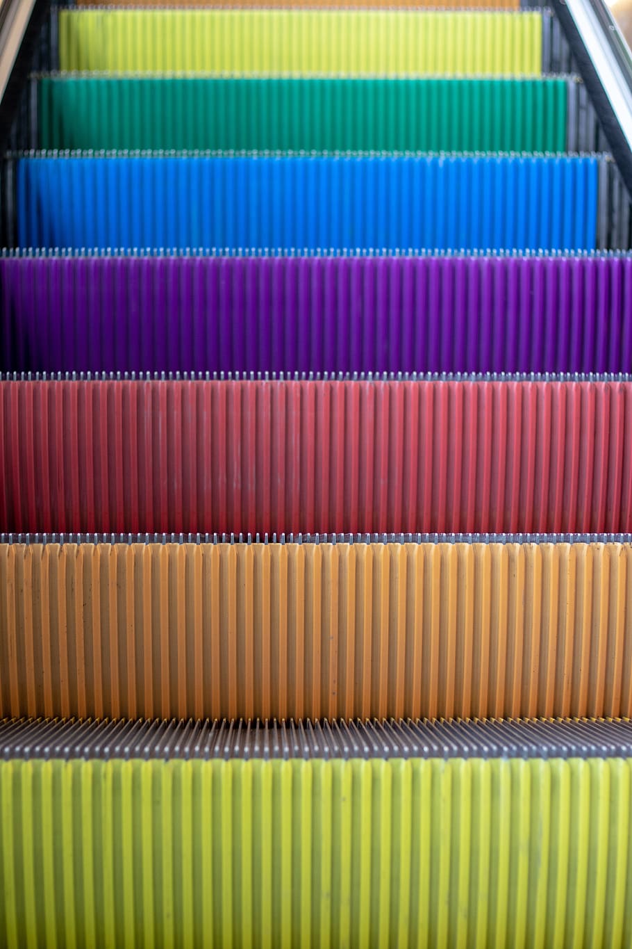 escalator, colour, yellow, bright, district, rainbow, multi colored HD wallpaper