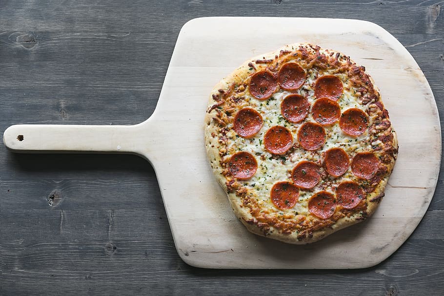 Pepperoni Pizza On Wood Board Photo, Food, Cooking, Lunch, Dinner