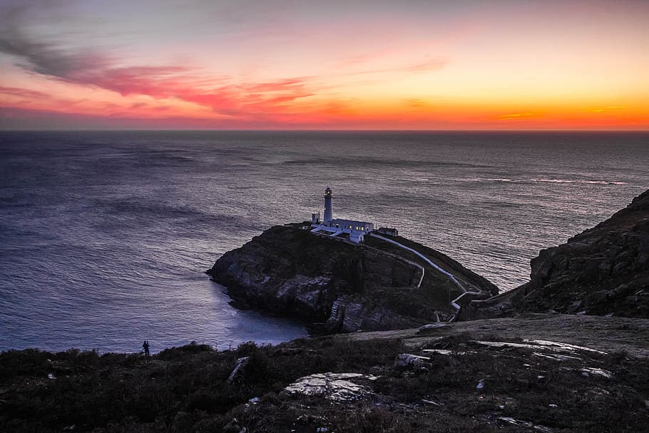 Gray Tower, bay, beach, clouds, dawn, evening, landscape, lighthouse HD wallpaper