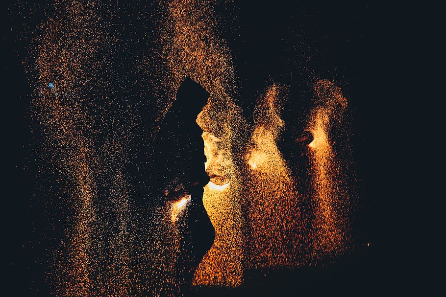 fire, sparkles, night, danger, flames, water, wet, illuminated HD wallpaper