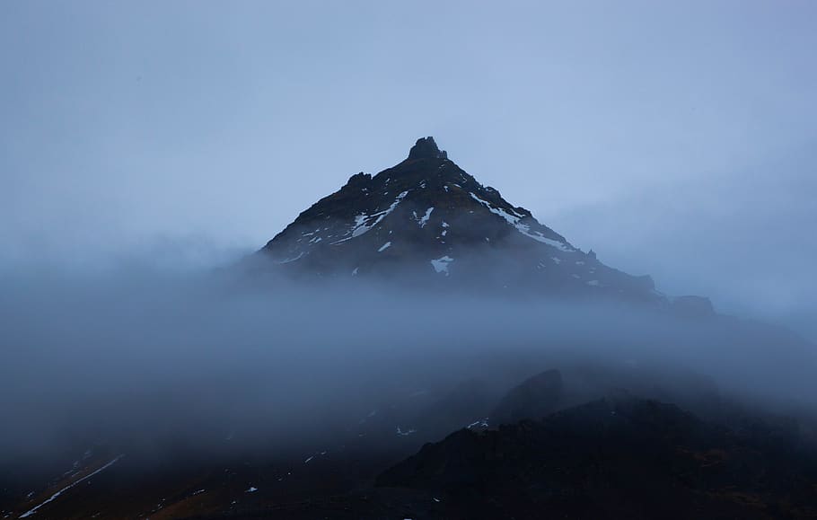 mountain with fog, nature, peak, arnarstapi, iceland, mountain range HD wallpaper