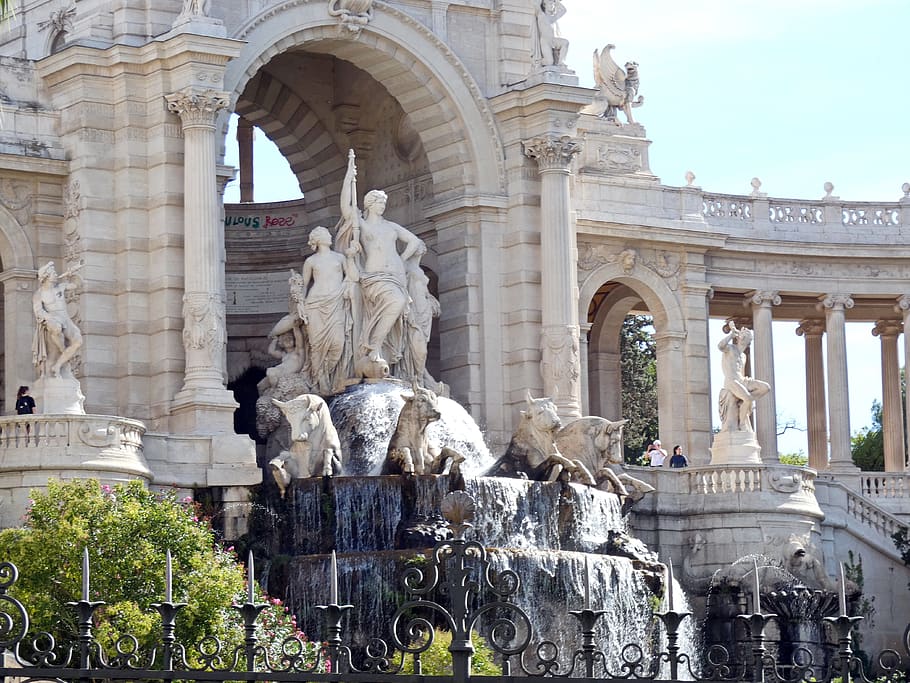 marseille, longchamp, castle, source, statue, cascade, park HD wallpaper