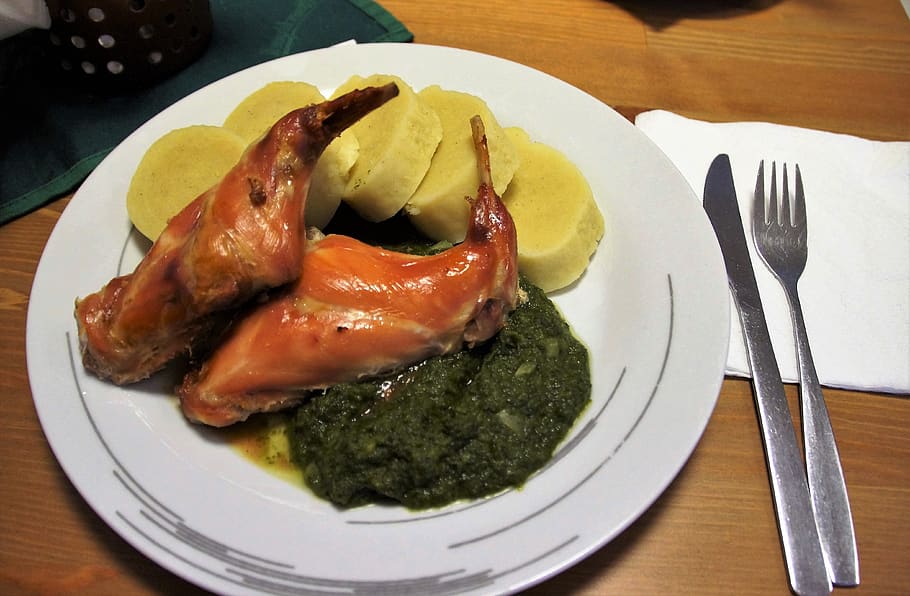 baked, rabbit, thigh, roast, potato, dumpling, spinach, restaurant HD wallpaper