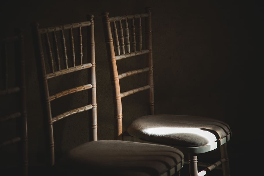 brown wooden ladderback chairs, furniture, lighting, mystic, low light, HD wallpaper