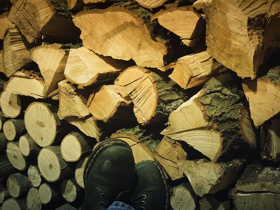 canada, shawinigan, dr. martens boots on wood pile, log, firewood, HD wallpaper