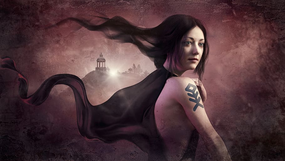 fantasy, woman, gloomy, wind, black, hair, tattoo, mystical, HD wallpaper