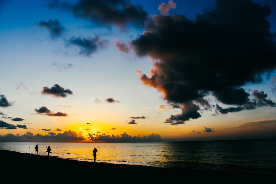 People Standing on Seashore during Sunset, backlit, beach, clouds HD wallpaper