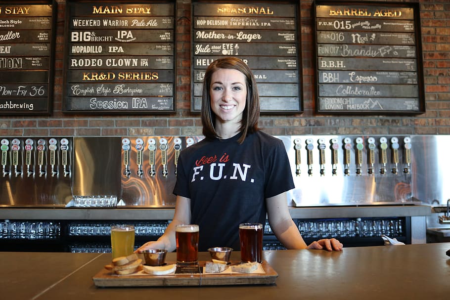Woman in Front of Table, bar, bartender, beer, counter, drinks