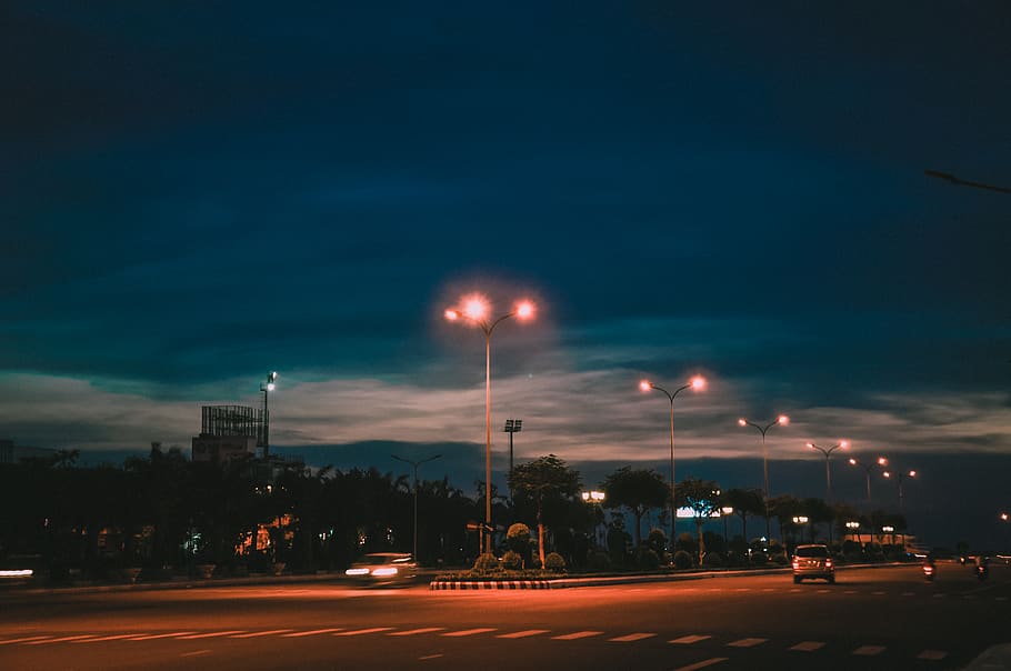 Vehicles on Road Near Lampposts, architecture, blue sky, blur HD wallpaper