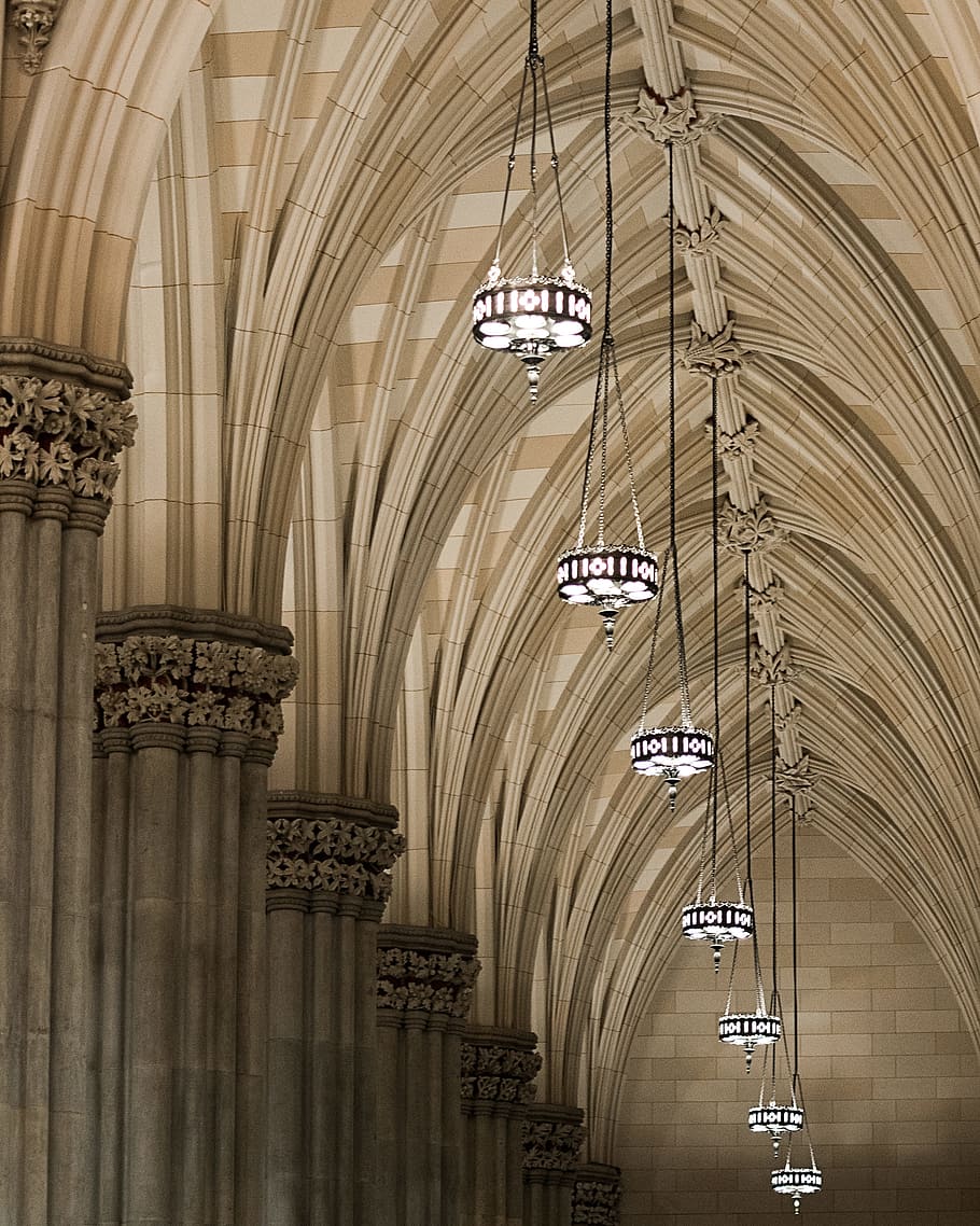 Gray Pendant Lights on Ceiling, arches, architecture, building HD wallpaper