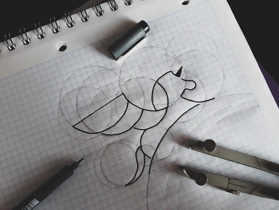 Abstract Smoking Gal, hand drawing; black pen