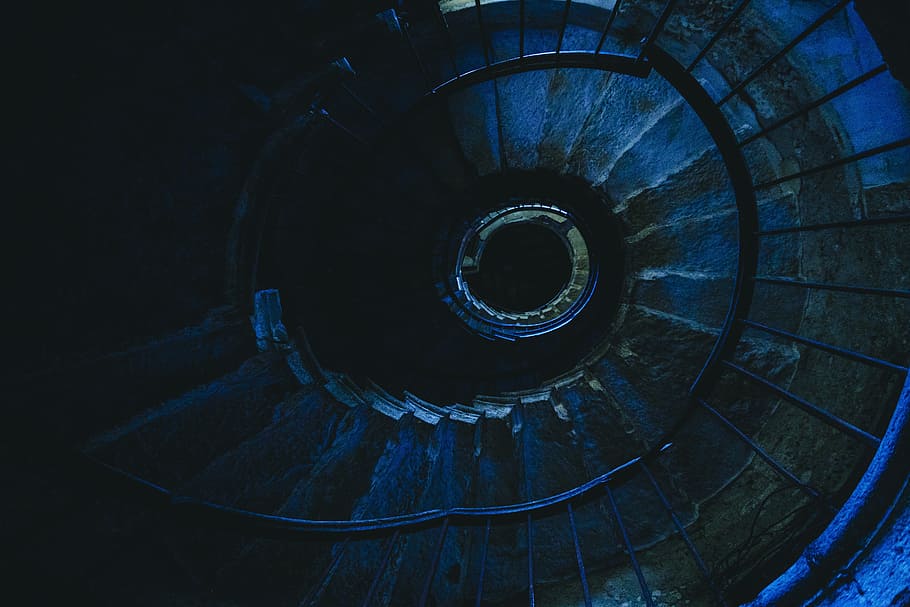Photo of Spiral Staircase, background, dark, design, high angle shot