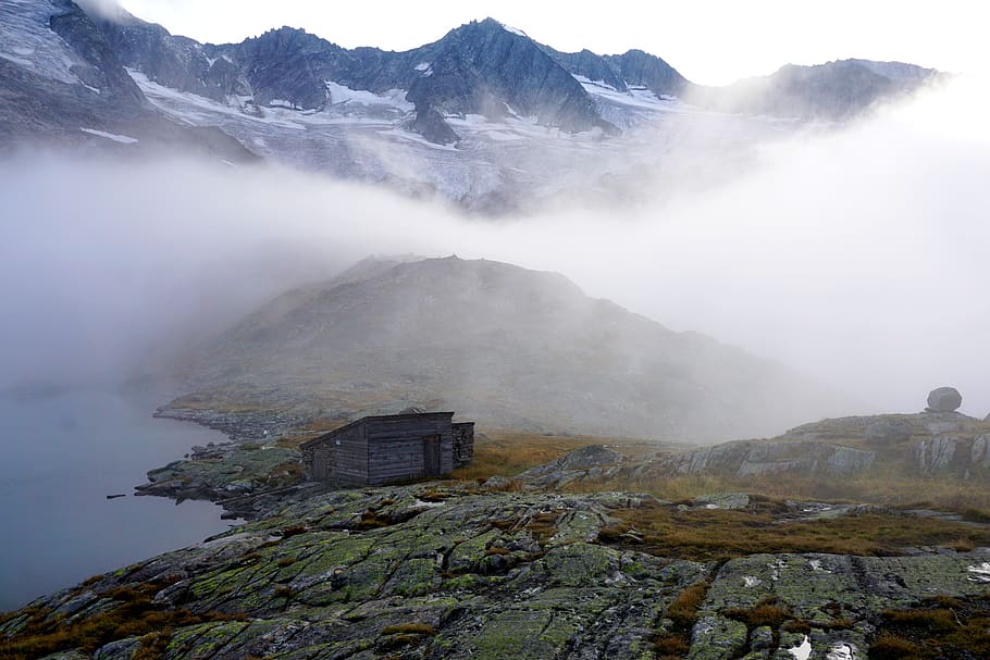 mountains covered by fogs, building, countryside, hut, nature HD wallpaper