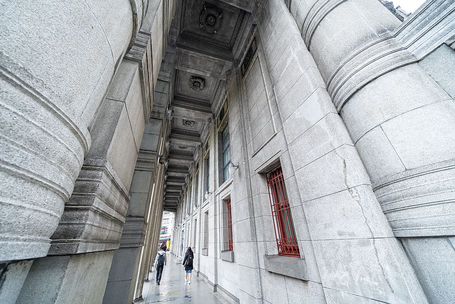 grey concrete building, corridor, human, person, floor, flooring HD wallpaper