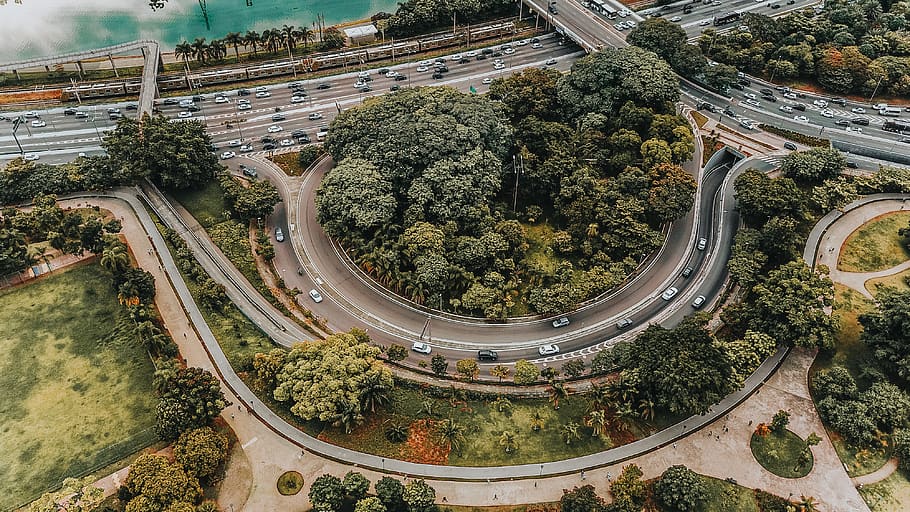 Aerial Photography of Roads and Trees, aerial view, cars, city