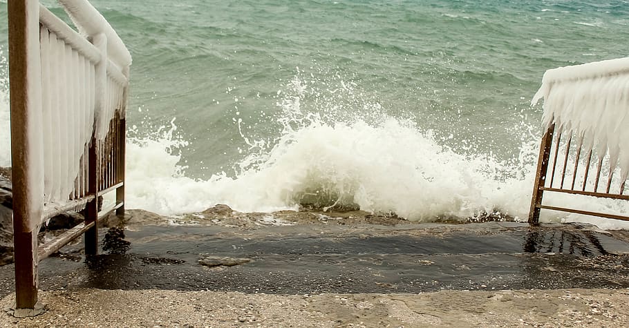 italy, muggia, wave, wind, subject, macro, railing, ice, sea HD wallpaper