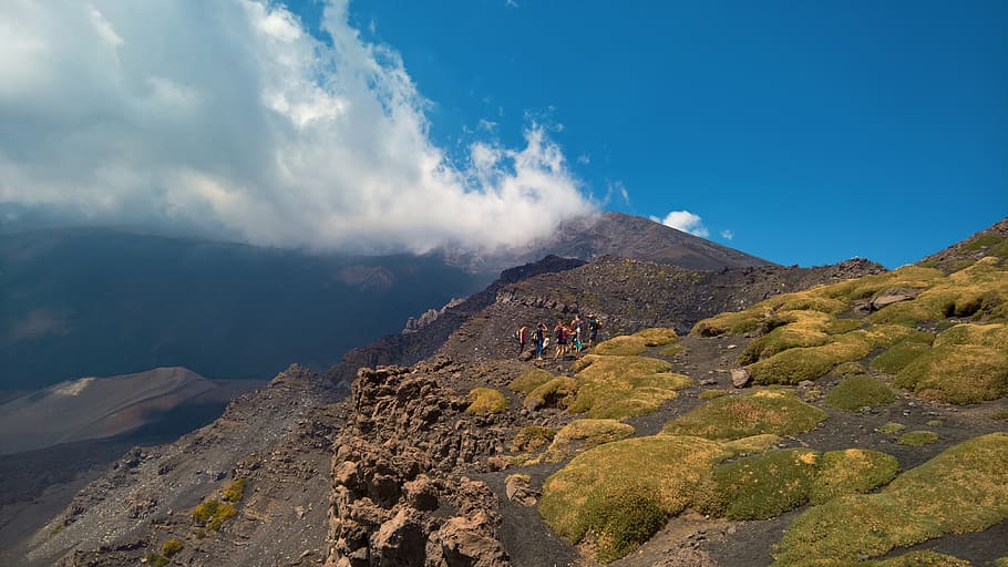 mountains, etna, people, clouds, sky, rocks, land, landscapes HD wallpaper
