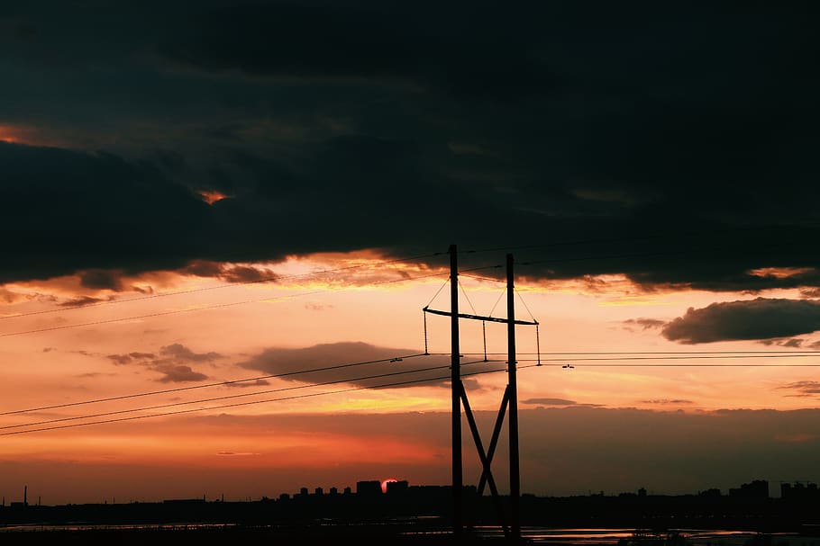 electric post under white clouds, sunset, dusk, sunrise, dawn HD wallpaper