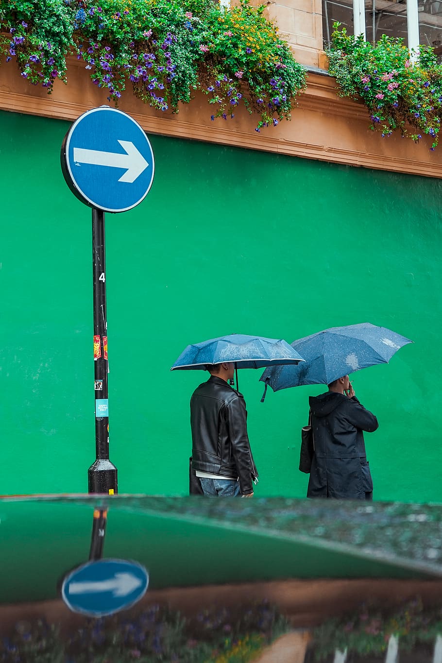 blue road sign, umbrella, real people, protection, day, wet, security HD wallpaper