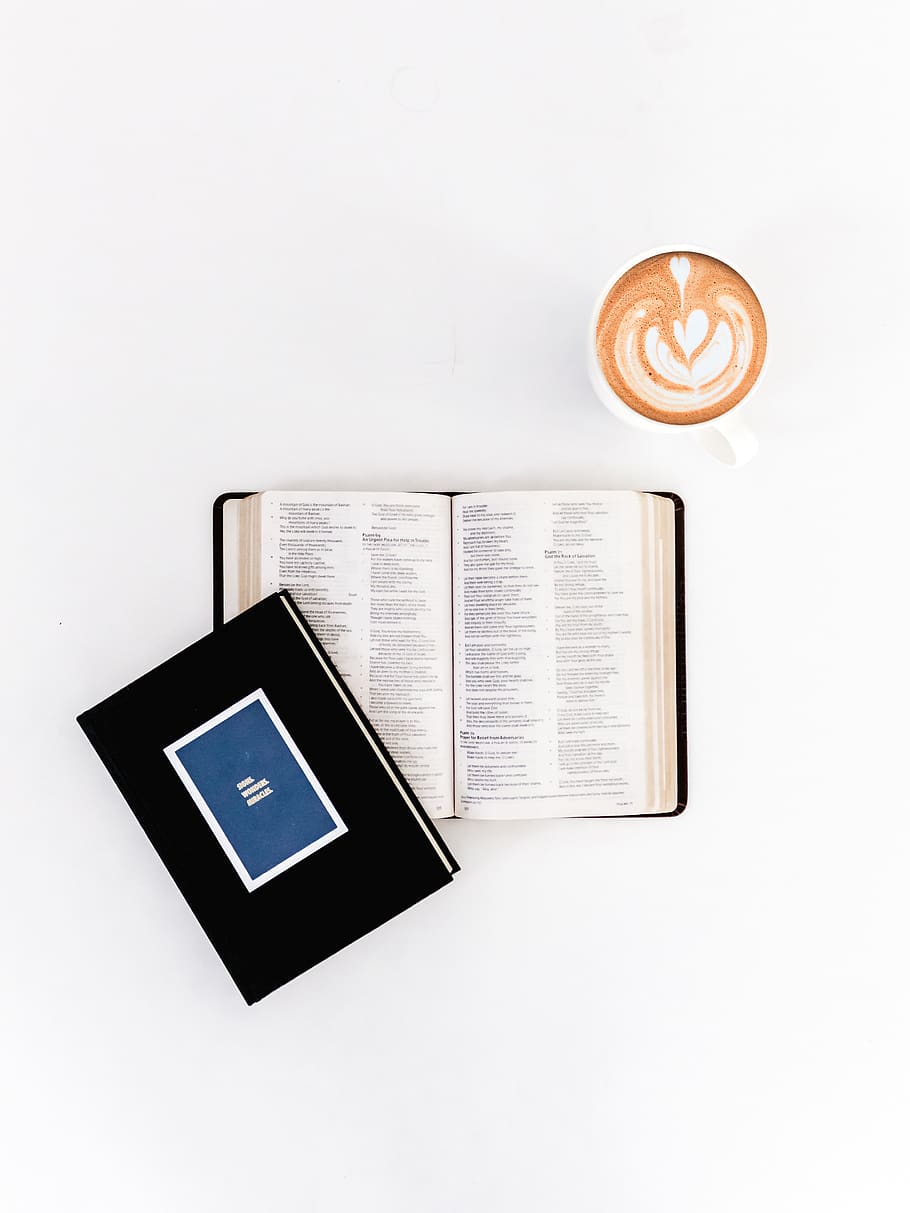 opened Holy Bible on table, coffee, drink, coffee - drink, coffee cup HD wallpaper