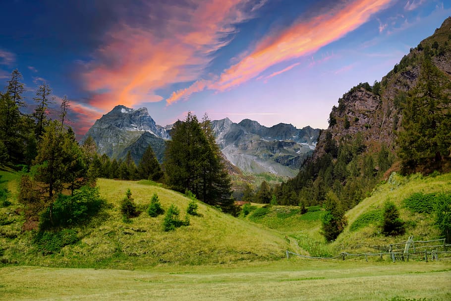 sunset, alps, mountains, nature, landscape, sky, snow, alpine HD wallpaper
