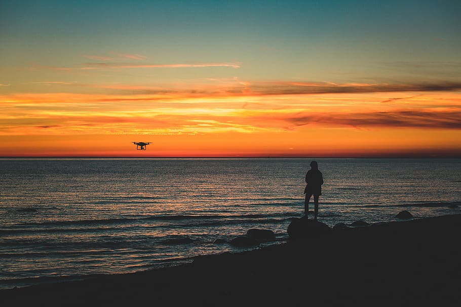 drone, droning, sea, pilot, baltic, coast, sunset, silhouette HD wallpaper