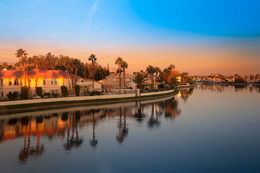 reflection, sky, water, waterfront, sunset, architecture, building exterior HD wallpaper