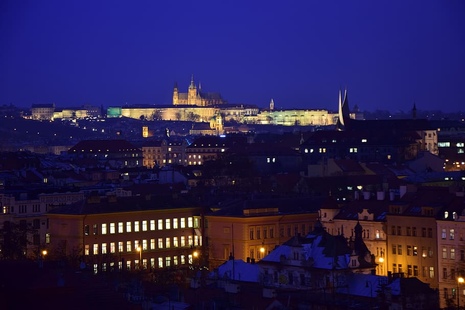 prague, castle, winter, night, lights, medieval, czech republic HD wallpaper