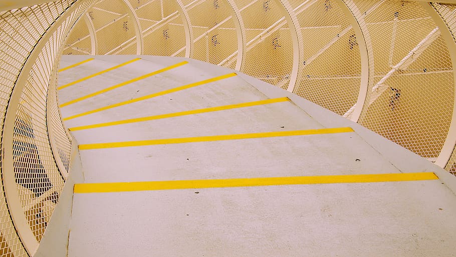architecture, design, structure, walkway, yellow, staircase HD wallpaper