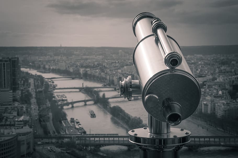telescope, view, city, river, bridge, travel, vacation, buildings, HD wallpaper