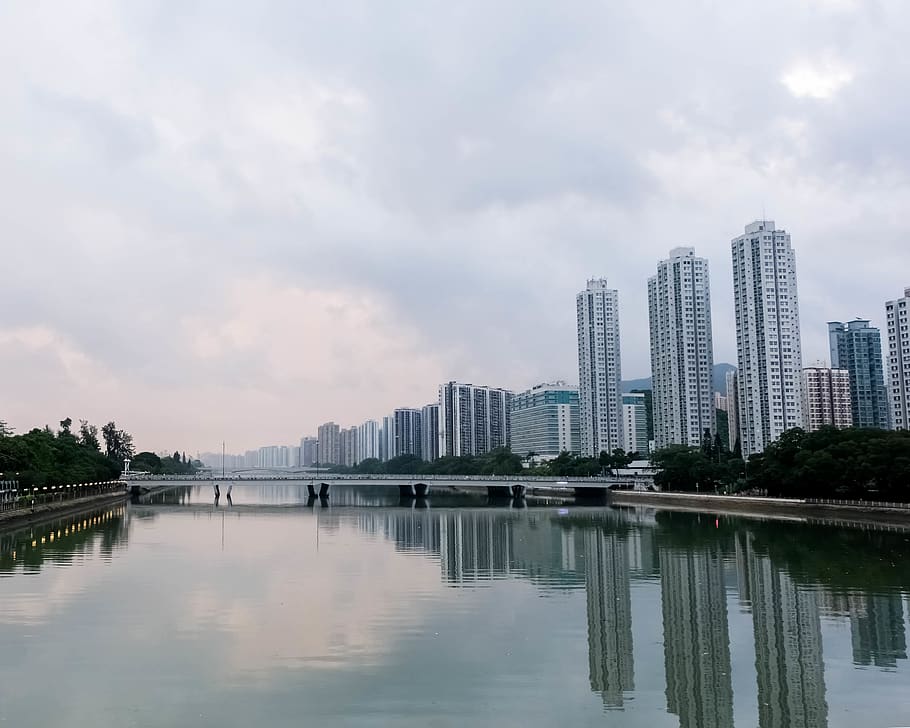 hong kong, sha tin, water, reflection, building exterior, architecture, HD wallpaper