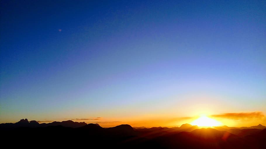 sunset, sky, mountain, outdoor, landscape, orange, blue sky HD wallpaper
