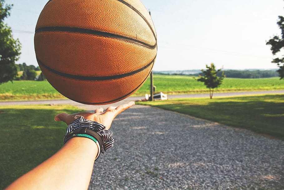 bball, basketball, sports, orange, floating, throw, hand, levitate, HD wallpaper