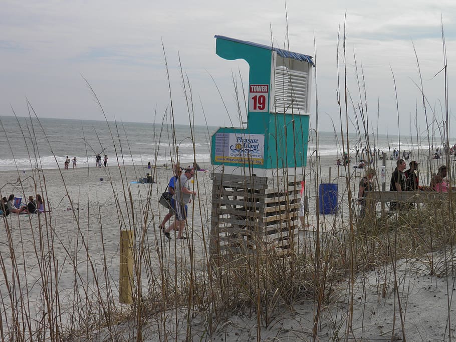 beach, ocean, lifeguard stand, sky, water, real people, group of people HD wallpaper
