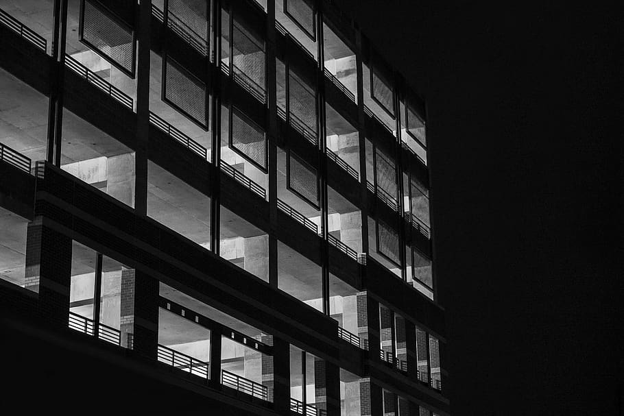Black High-rise Building, black-and-white, dark, garage, multi-storey car park, HD wallpaper