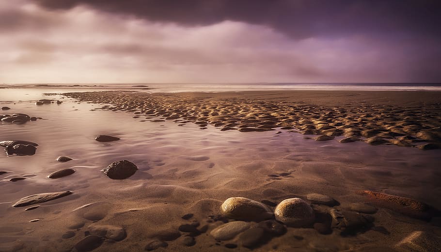 Seashore With Rocks at Sunset, beach, clouds, evening, golden hour HD wallpaper