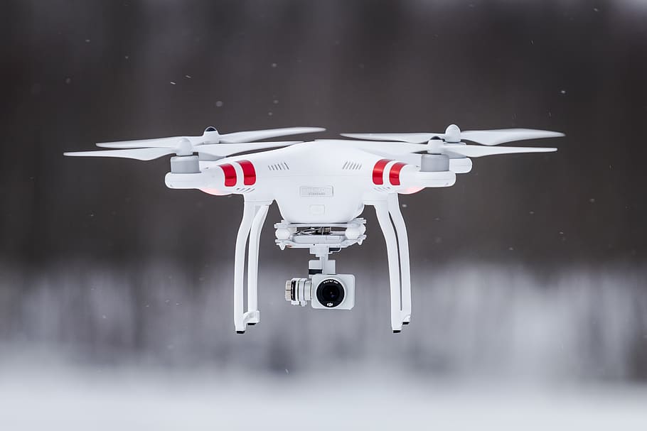 white and red drone, flying, motion, mid-air, no people, technology HD wallpaper