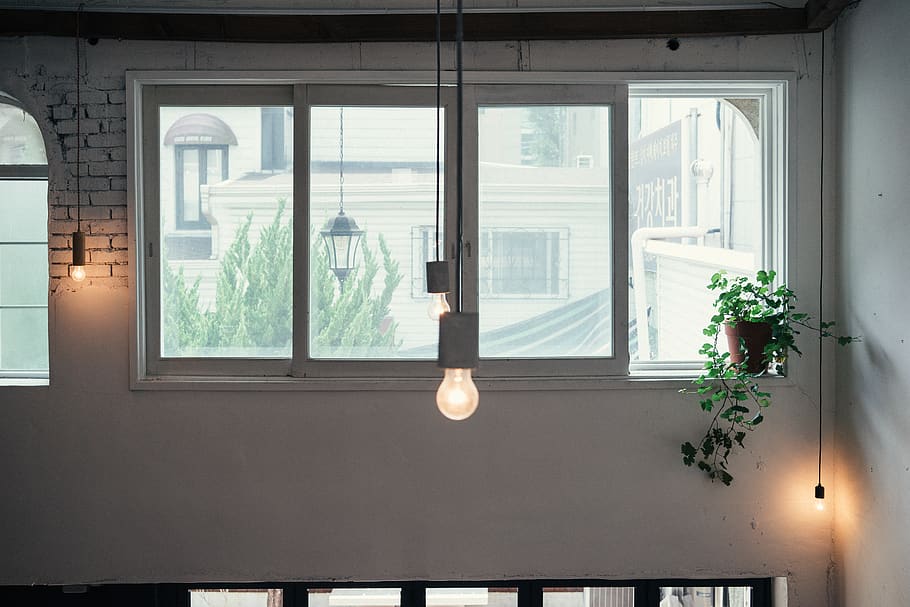 hanging lightbulb, window, lighting equipment, indoors, glass - material HD wallpaper