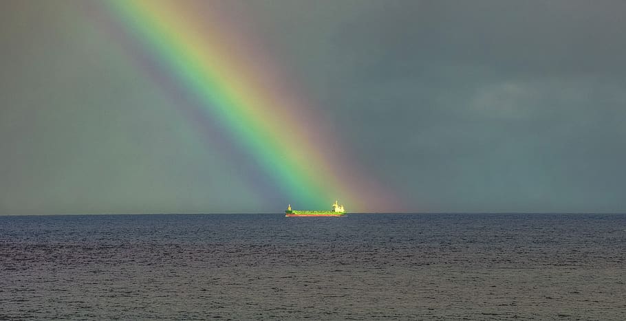 storm, rainbow, ship, sky, horizon, sea, colors, beauty in nature, HD wallpaper