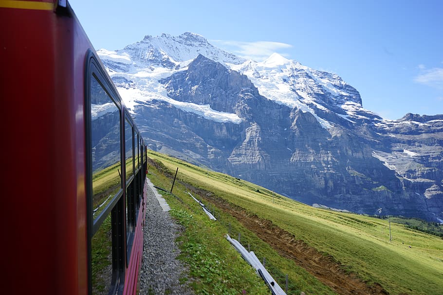 switzerland, red, grass, snow, green, train, mountain, swiss HD wallpaper