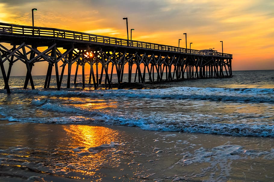 dock, ocean, sunrise, pier, beach, water, vacation, sky, nautical HD wallpaper