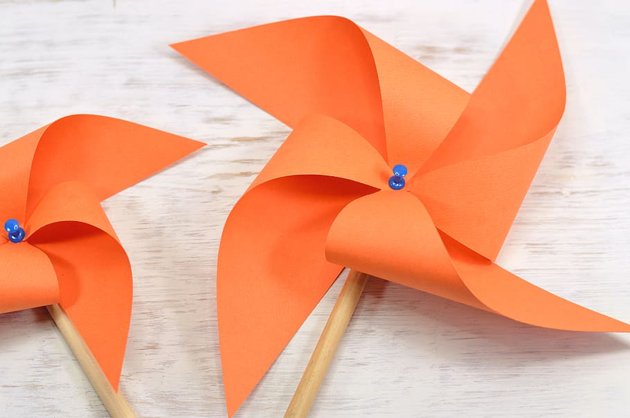 Two Orange Paper Windmills, art, fan, object, origami, pinwheel HD wallpaper