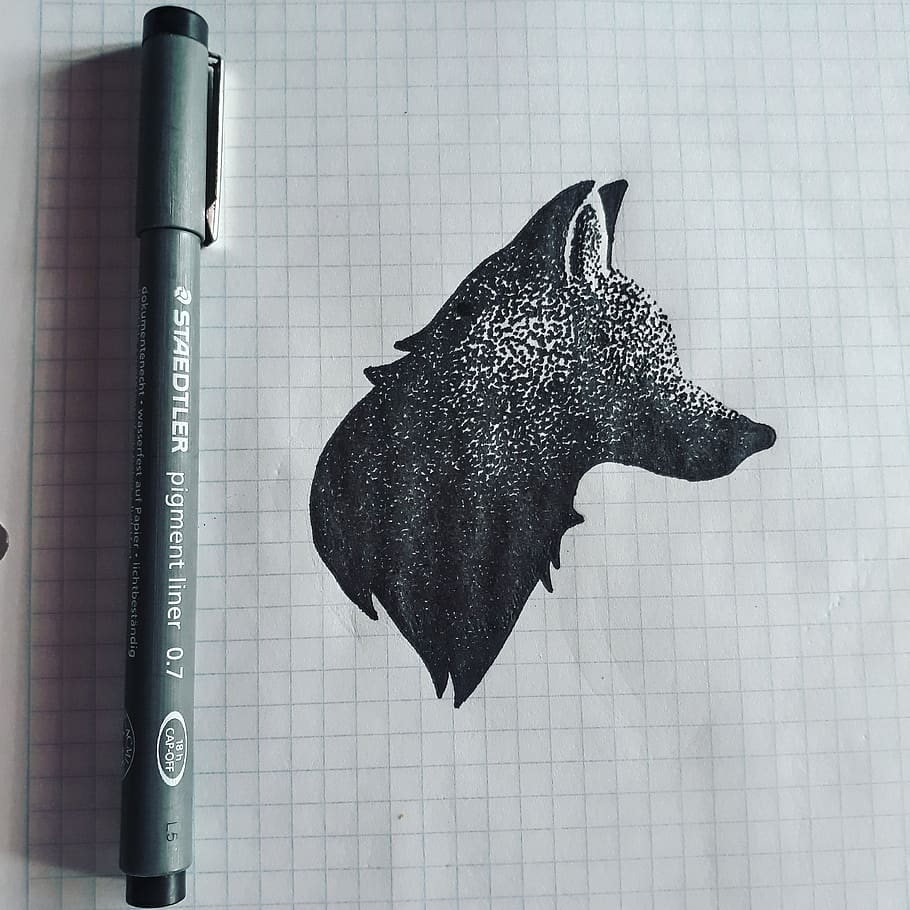 A fox drawn on graph paper with a black pen., wolf, drawing, indoors HD wallpaper