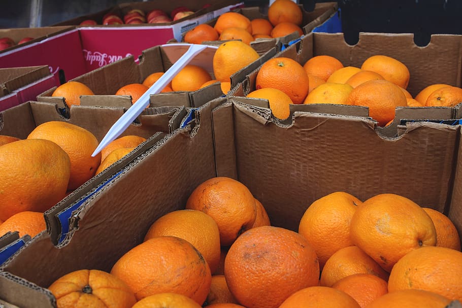 fruit, fruit stand, boxes, oranges, healthy, fruit shop, fruits HD wallpaper