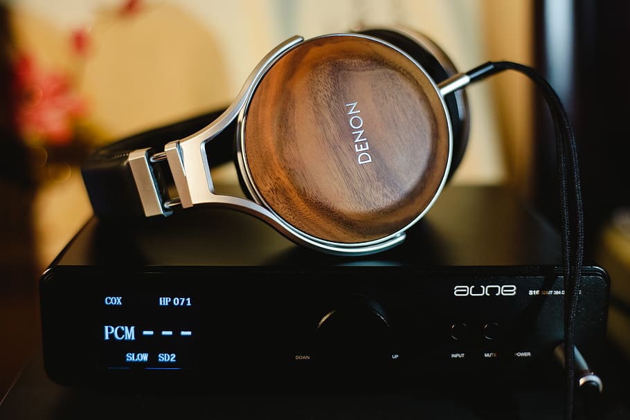 Denon headphones on amplifier, goggles, audiophile, hobby, music