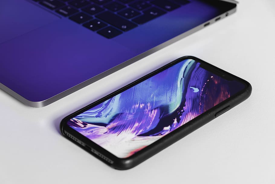 black Android smartphone beside laptop computer, technology, wireless technology HD wallpaper